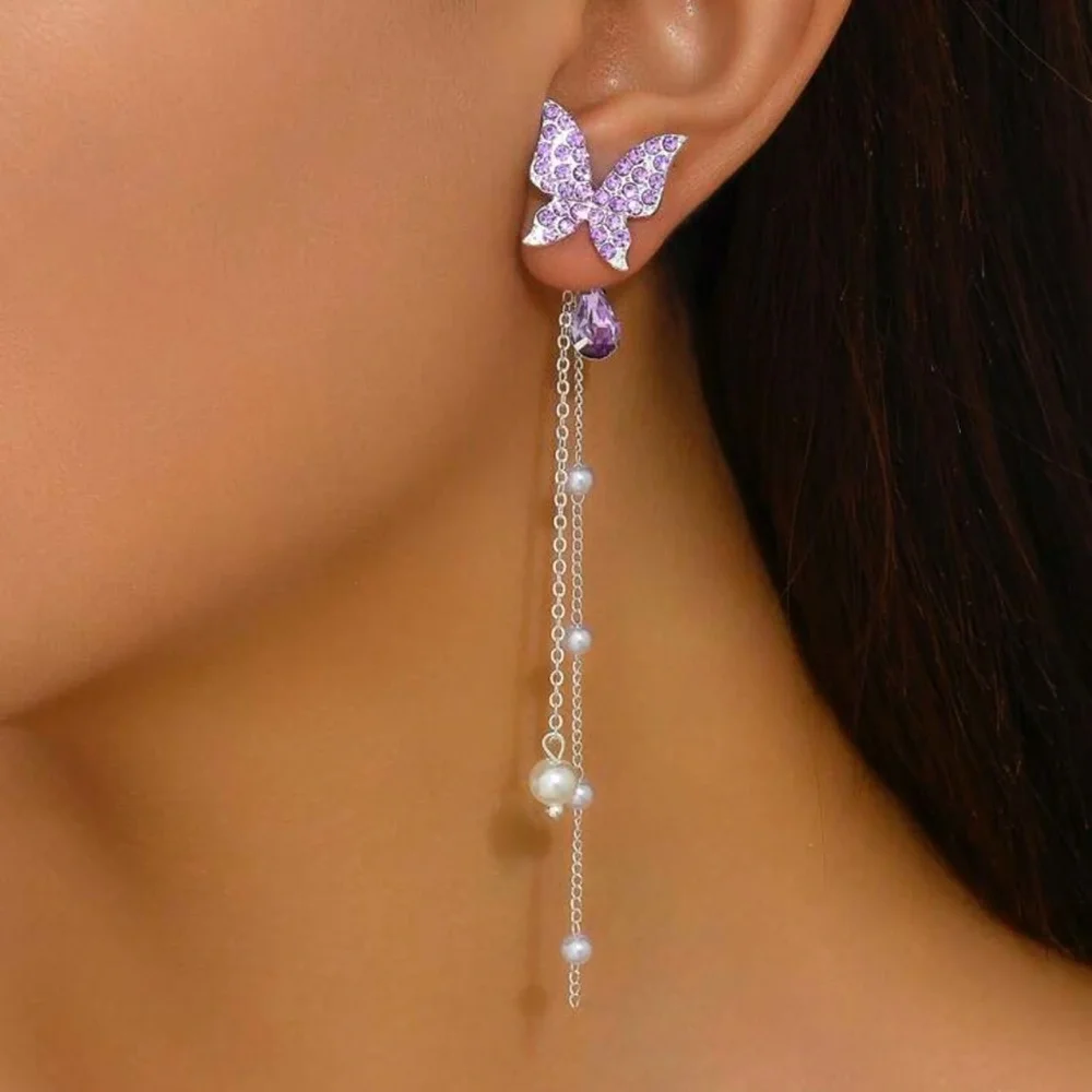 Purple Butterfly Drop Dangle Earrings, Butterfly Earrings